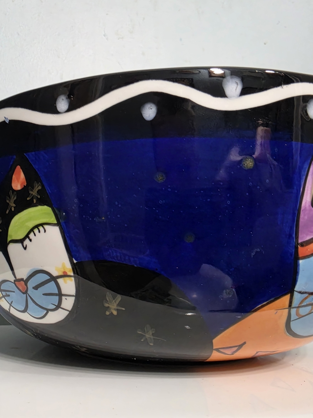 Laurel Burch Hand-Painted Blue Cat Glass Bowl with Multicolor Accents